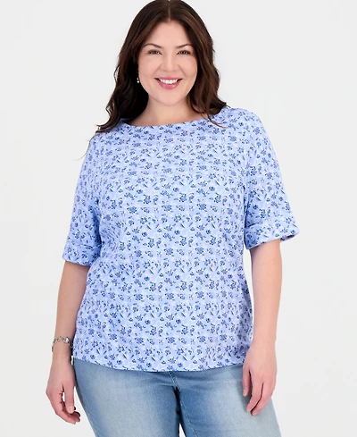 Style & Co Plus Printed Boat-Neck Elbow-Sleeve Top, Exclusively at Macy's