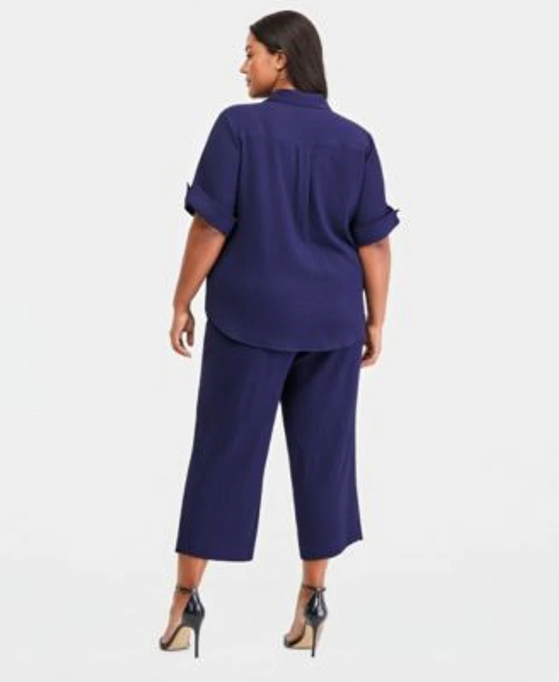 Anne Klein Essentials Plus Size Collared Button Front Shirt Pull On Crop Straight Leg Pants