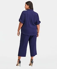Anne Klein Essentials Plus Size Collared Button Front Shirt Pull On Crop Straight Leg Pants
