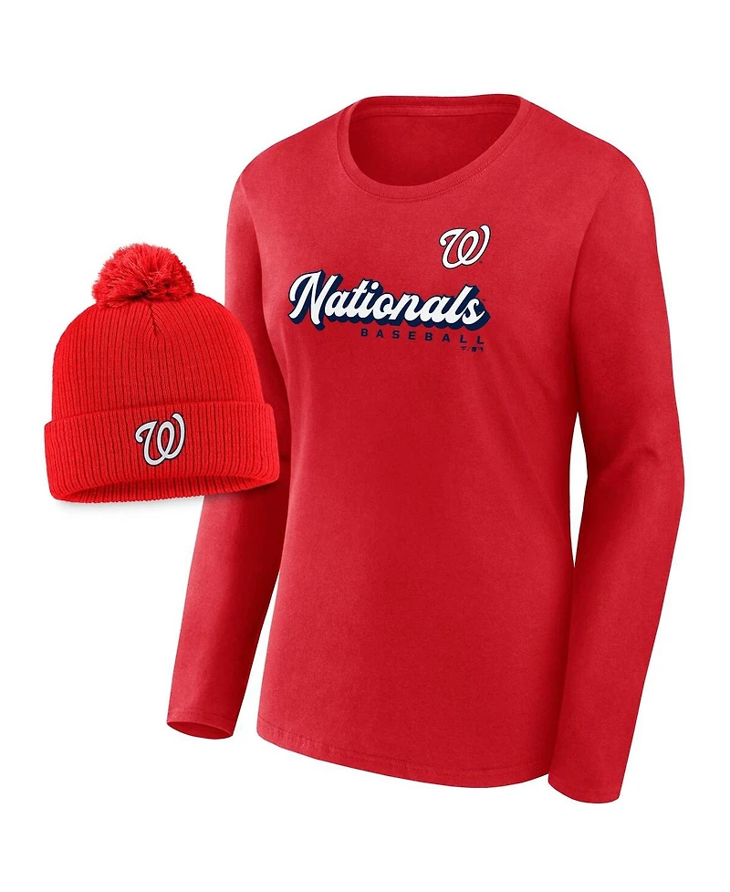 Fanatics Women's 2-Piece Red Washington Nationals Run The Bases Long Sleeve T-Shirt and Cuffed Knit Hat with Pom Combo Set