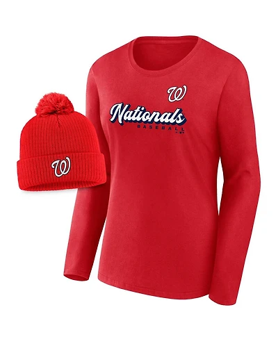 Fanatics Women's 2-Piece Red Washington Nationals Run The Bases Long Sleeve T-Shirt and Cuffed Knit Hat with Pom Combo Set