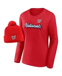 Fanatics Women's 2-Piece Red Washington Nationals Run The Bases Long Sleeve T-Shirt and Cuffed Knit Hat with Pom Combo Set