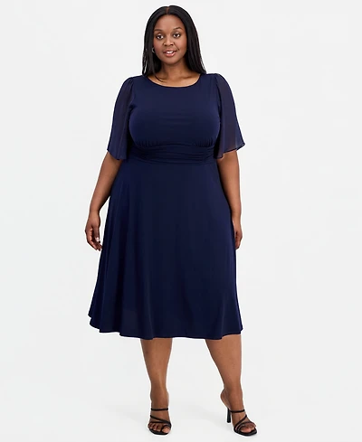 Connected Plus Round-Neck Chiffon-Sleeve Dress