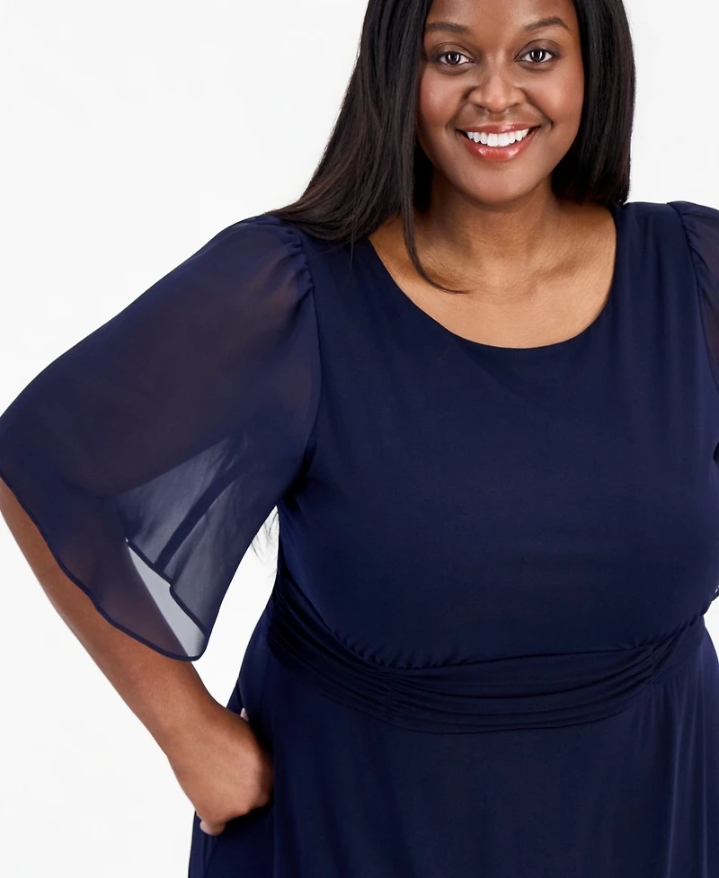 Connected Plus Round-Neck Chiffon-Sleeve Dress