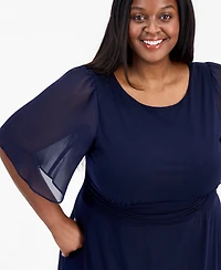 Connected Plus Round-Neck Chiffon-Sleeve Dress