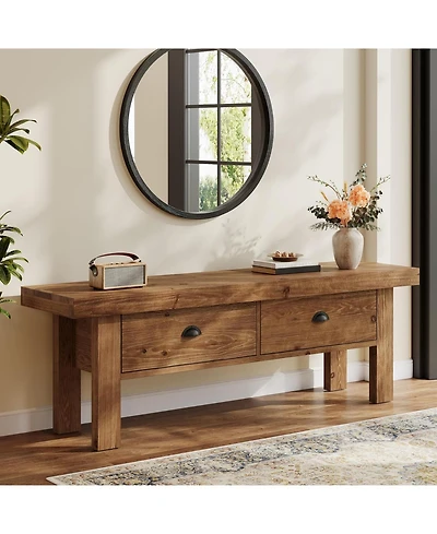 Tribesigns Solid Wood Entryway Bench with 2 Drawers, 55" Farmhouse Long Bench End of Bed Stool with Open Storage Shelves