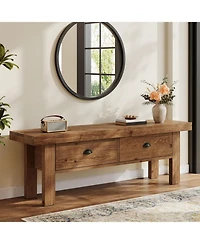 Tribesigns Solid Wood Entryway Bench with 2 Drawers, 55" Farmhouse Long Bench End of Bed Stool with Open Storage Shelves