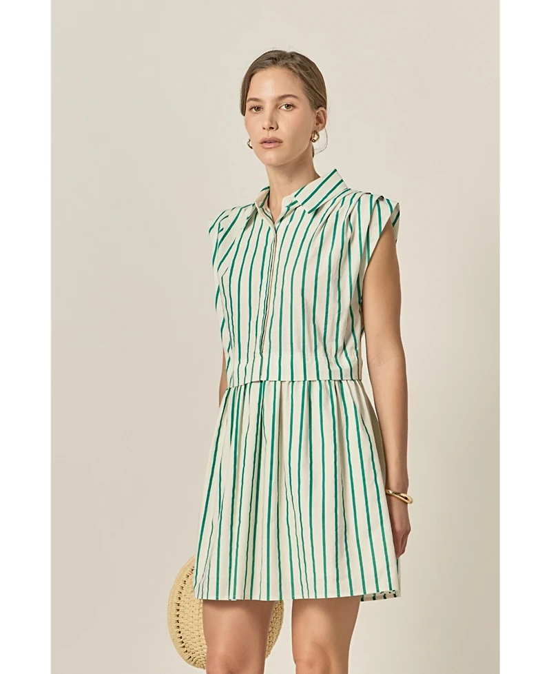 English Factory Women's Striped Pleated Shoulder Shirt Mini Dress