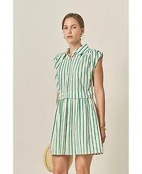 English Factory Women's Striped Pleated Shoulder Shirt Mini Dress