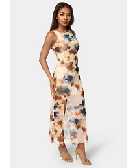 Bebe Women's Printed Powermesh Side Shirred Maxi Dress