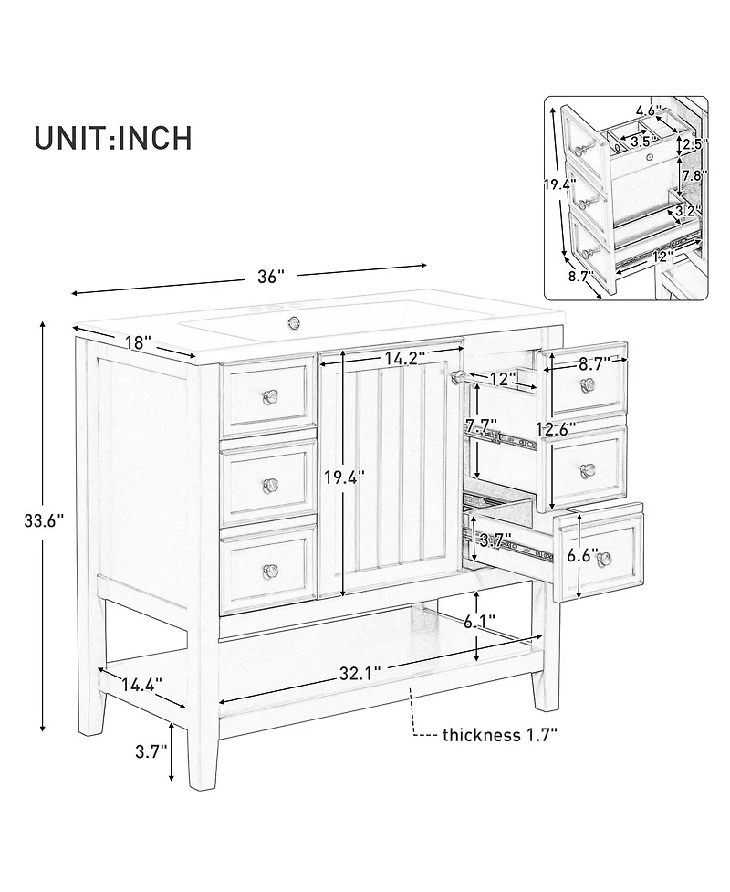 Sillysis 36 Bathroom Vanity with Ceramic Sink, Solid Wood Cabinet, 3 Drawers & Adjustable Shelf for Modern Bathrooms