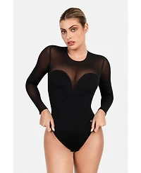 Popilush Women's Shapewear Illusion Mesh Long Sleeve Tummy Control Bodysuit