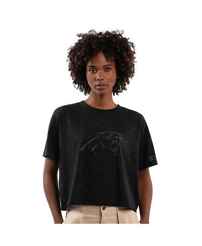 Starter Women's Black Carolina Panthers Rhinestone Sprinkle Boxy Cropped T-Shirt
