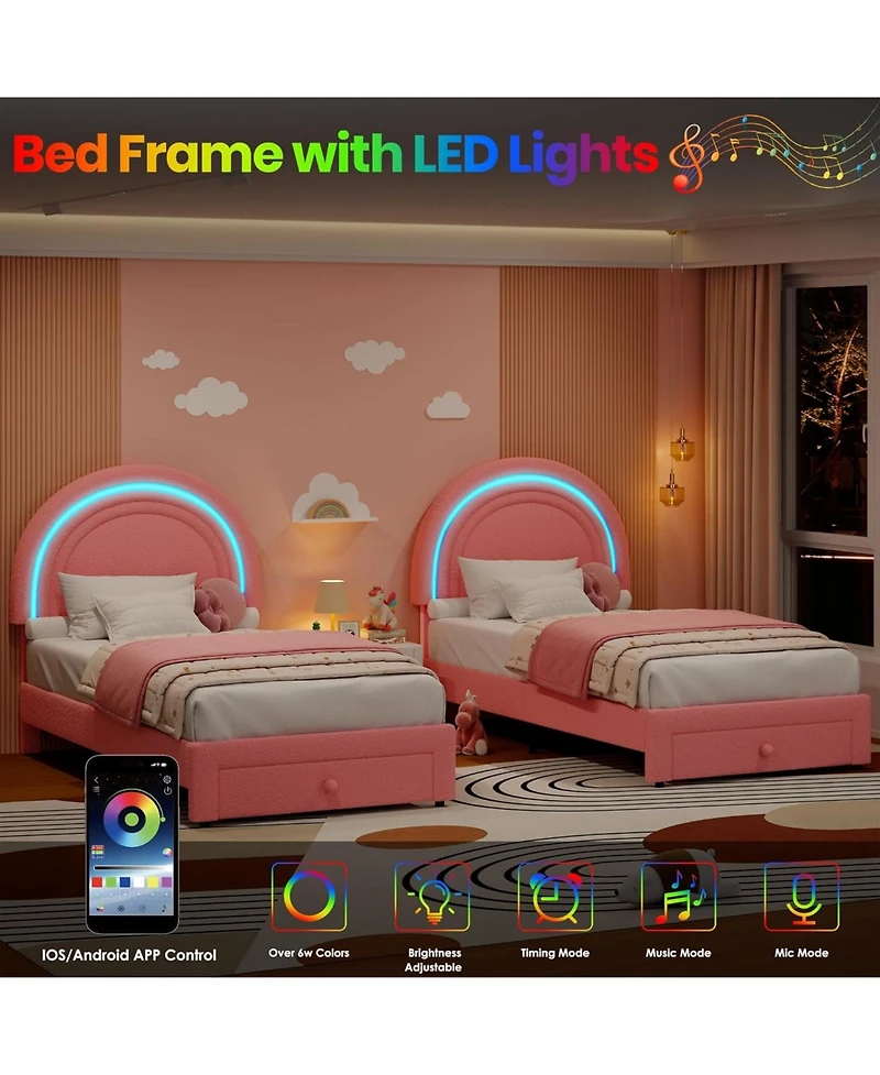 gaomon Twin Upholstered Led Bed Frame - with Storage Drawer and Rainbow Headboard, Berber Fleece Princess Platform for Kids