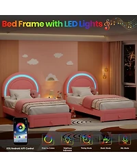 gaomon Twin Upholstered Led Bed Frame - with Storage Drawer and Rainbow Headboard, Berber Fleece Princess Platform for Kids