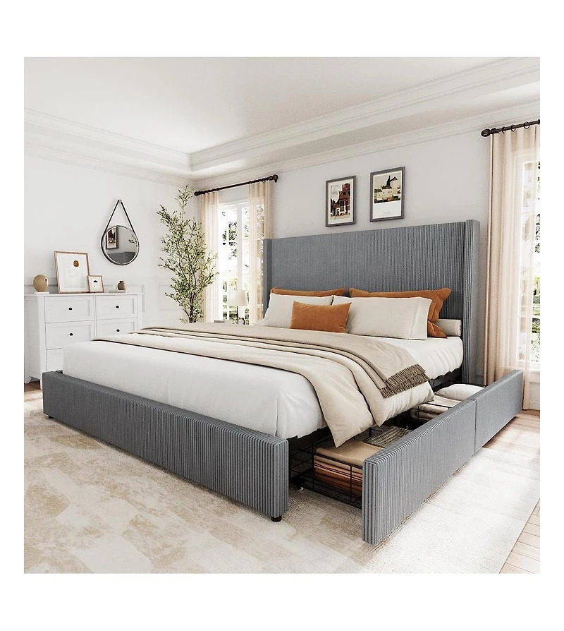 gaomon King Upholstered Platform Bed Storage Drawers Wingback Headboard Corduroy Fabric No Box Spring