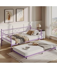 gaomon Twin Metal Daybed Frame with Trundle Heavy Duty Metal Slats Platform Sofa Bed Lockable Casters Bedroom Guest