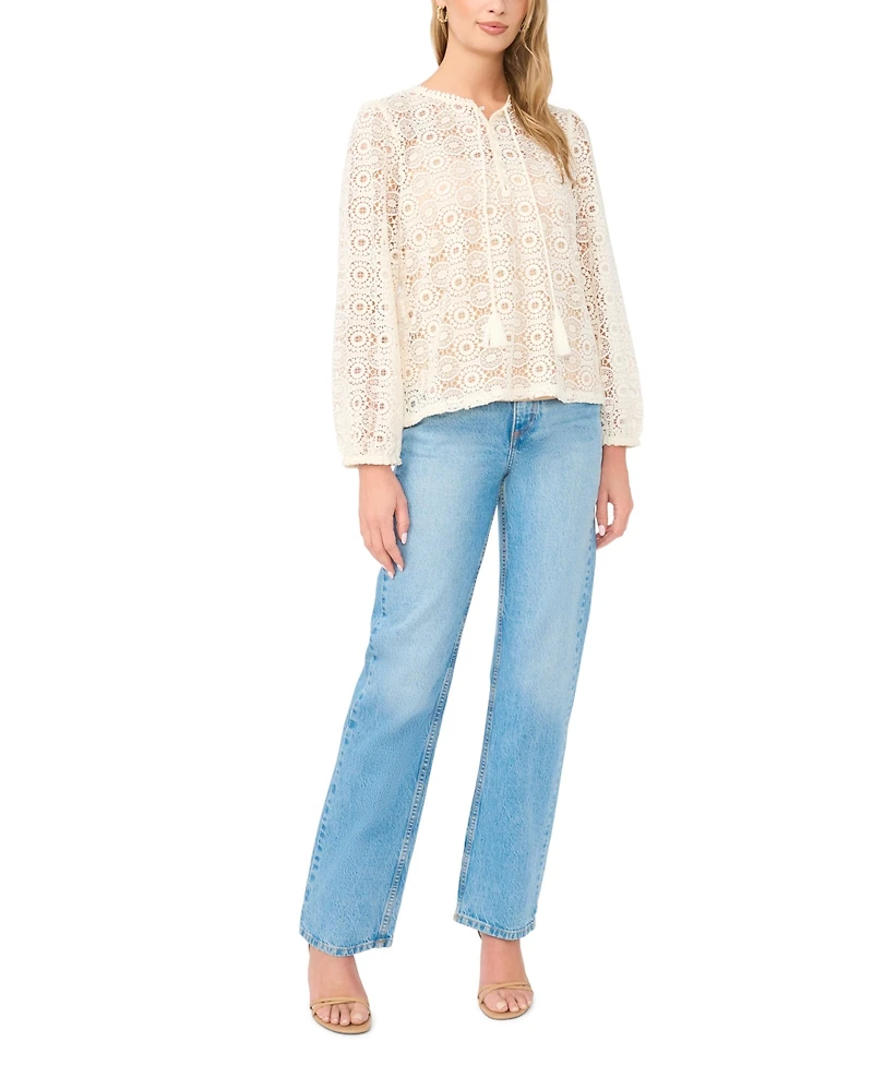 Vince Camuto Women's Circle Lace Tassel Trim Long-Sleeve Top