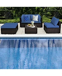 Gymax 5PCS Rattan Patio Conversation Set Outdoor Furniture Set w/ Ottoman Navy Cushion