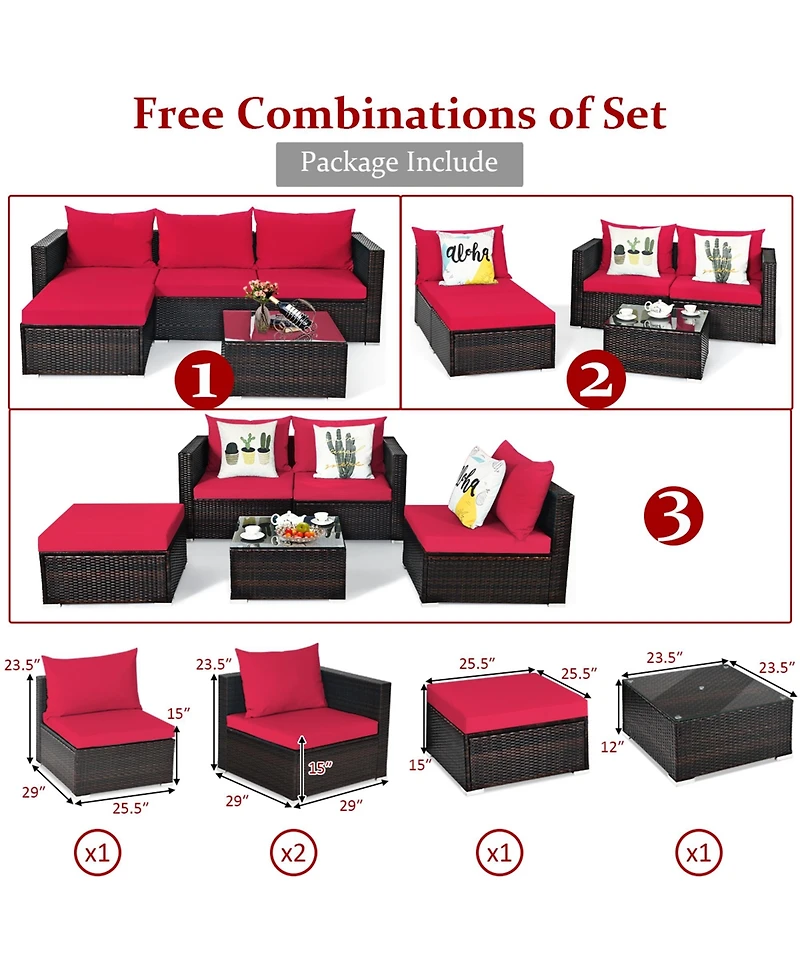 Gymax 5PCS Cushioned Rattan Patio Conversation Set with Ottoman Red Cushion