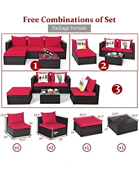 Gymax 5PCS Cushioned Rattan Patio Conversation Set with Ottoman Red Cushion