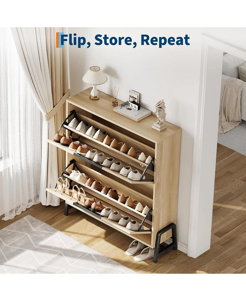 gaomon Narrow Hidden Shoe Storage Organizer with Top Decor Shelf Modern Shoe Cabinet with 2 Flip Drawers for Entryway and Hallway