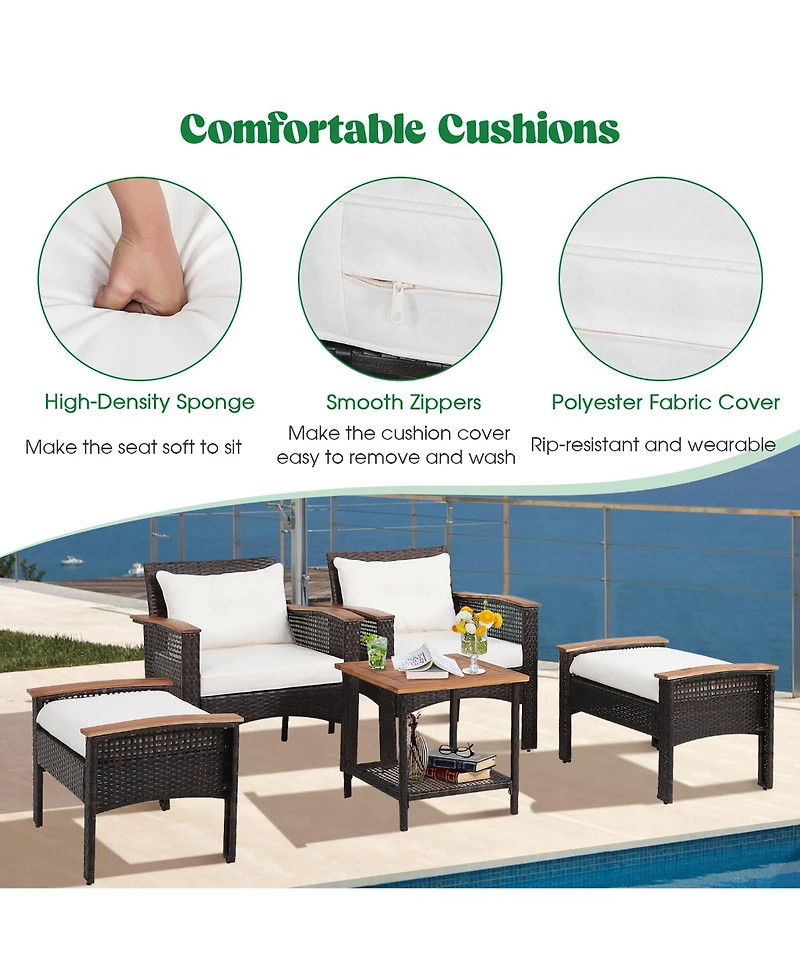 Gymax 5 Piece Outdoor Wicker Conversation Set Patio Rattan Sofa Set w/ Cushion Coffee Table