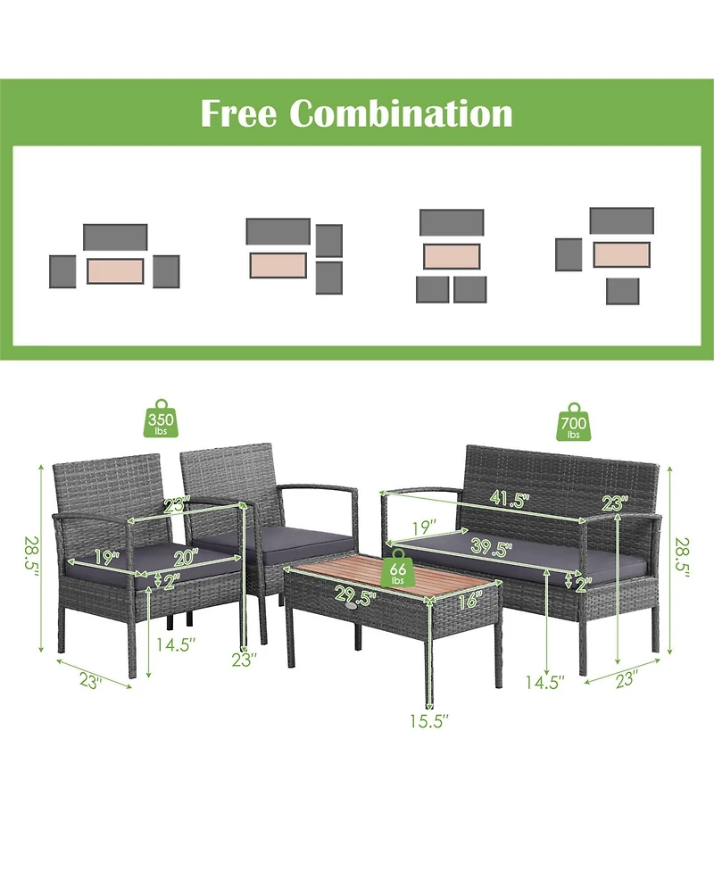 Gymax 8PCS Rattan Patio Conversation Furniture Set w/ Acacia Wood Tabletop and Cushions