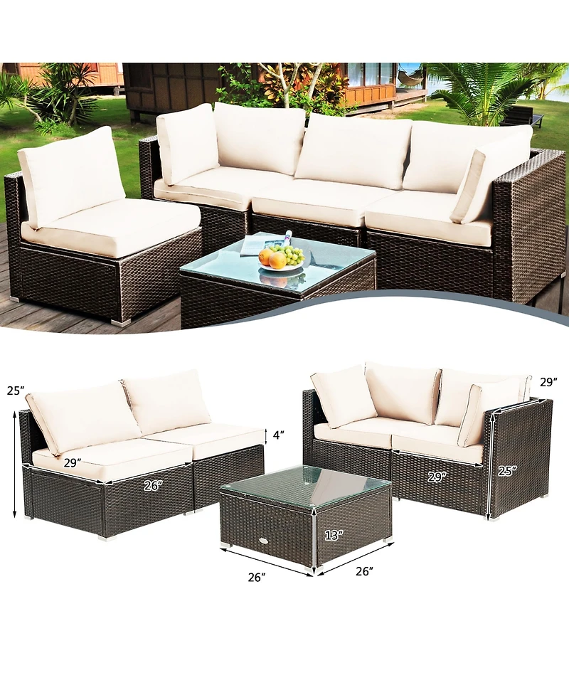 Gymax 5PCS Rattan Patio Conversation Set Sofa Furniture Set w/ White Cushions