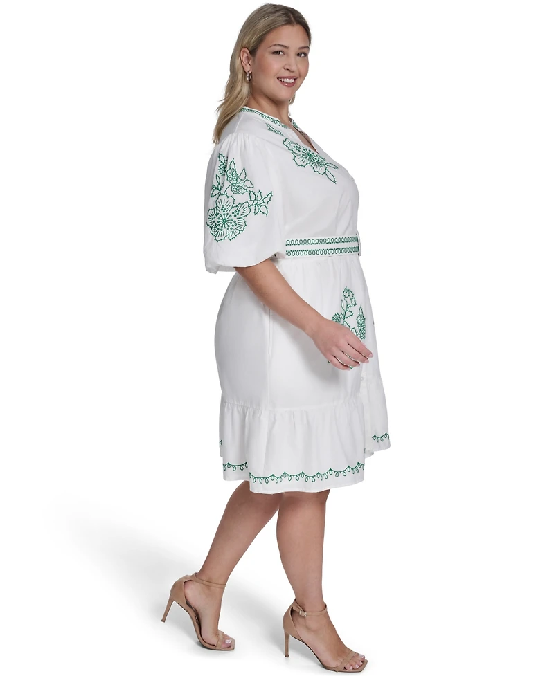 Eliza J Plus Puff-Sleeve Embroidered Dress