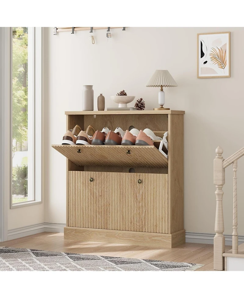 gaomon Fluted Shoe Cabinet with 2 Flip Drawers Narrow Cabinet with Adjustable Shelves and Elegant Handles Wooden Shoe Organizer