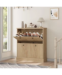 gaomon Fluted Shoe Cabinet with 2 Flip Drawers Narrow Cabinet with Adjustable Shelves and Elegant Handles Wooden Shoe Organizer