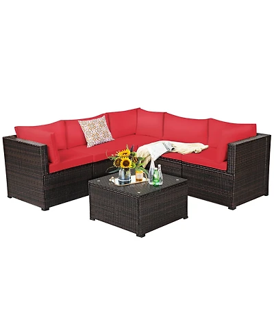 Gymax 6PCS Rattan Patio Sectional Sofa Conversation Set Outdoor w/ Cushions