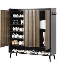 gaomon Shoe Cabinet with Doors 6-Tier Shoe Organizer with 3 Doors and Additional Hooks for Hallway Entryway Living Room Set of 2