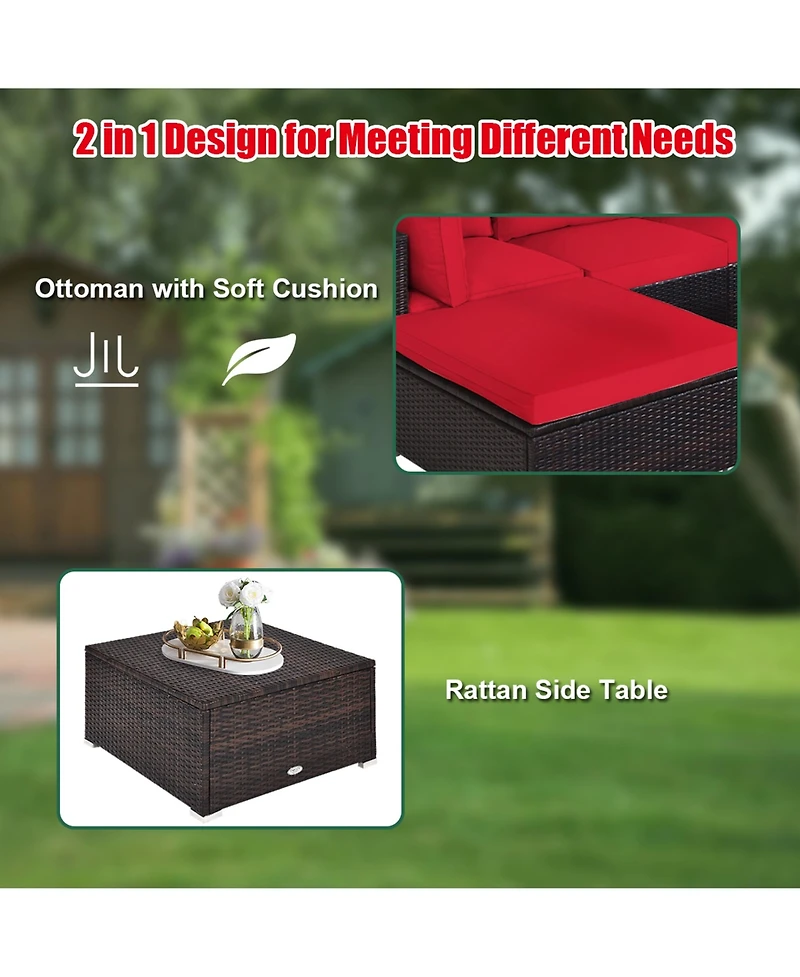 Gymax 5PCS Rattan Patio Conversation Set Outdoor Furniture Set w/ Ottoman Cushion