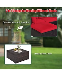 Gymax 5PCS Rattan Patio Conversation Set Outdoor Furniture Set w/ Ottoman Cushion