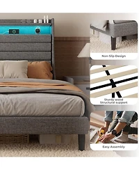 gaomon Bed Frame, Platform with Upholstered Headboard and Led Lights, Modern Frame Under Storage Space, Charging Station