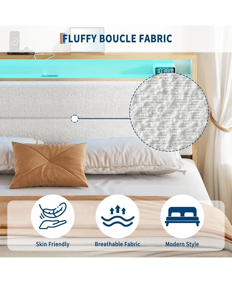 gaomon King Upholstered Bed Storage Headboard Led Boucle Platform Charging Station No Box Spring Easy Assembly