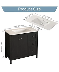 Sillysis 35.4" Munich Black Bathroom Vanity with Basin, Plywood Cabinet with Soft Closing Doors & 3 Drawers Storage for Small Bathrooms