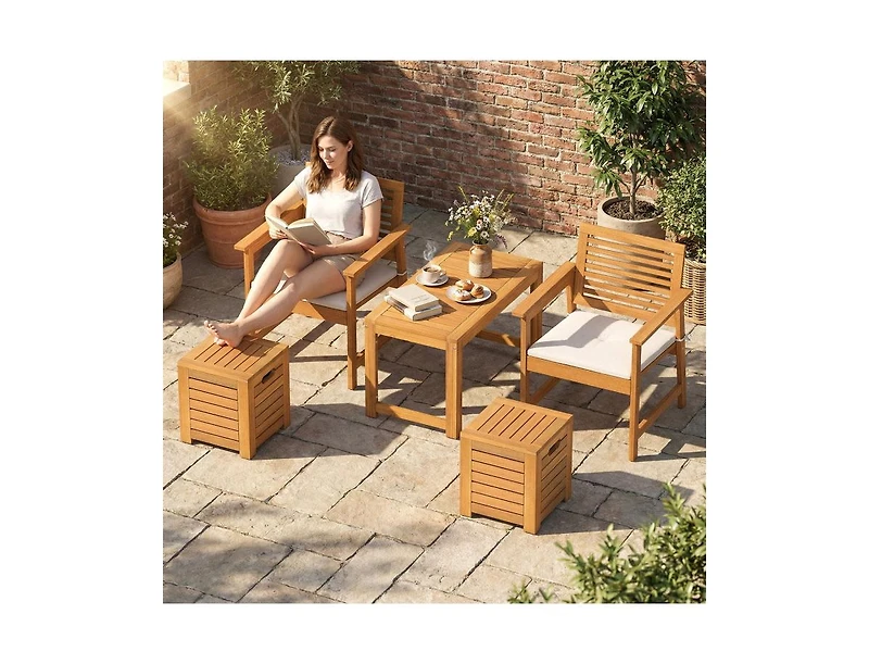 Slickblue Set of 3 Outdoor Acacia Wood Coffee Table and Stool Set