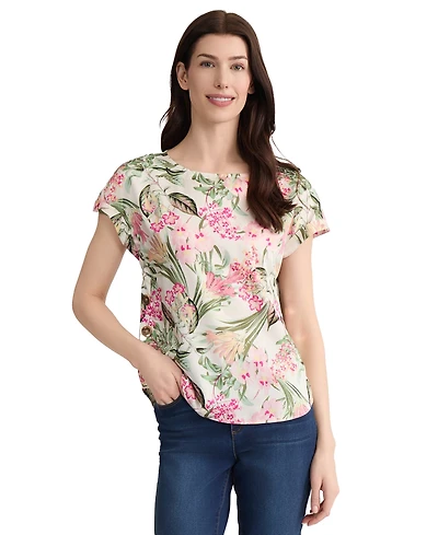 Jones New York Petite Button-Detail Boat Neck Blouse