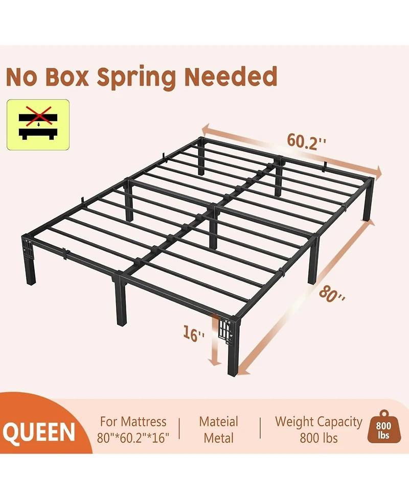 gaomon 16 Inch Queen Metal Bed Frame, Heavy Duty Metal Platform Bed Frame with Reinforced Slats Support, 800 Lbs Load Capacity, Noise Free