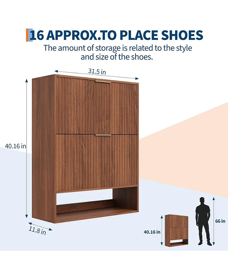 gaomon 31.5'' Shoe Cabinet for Entryway with 2 Flip Drawers Fluted Slim Shoe Storage Cabinet Narrow Free Standing Wooden Shoes Organizer