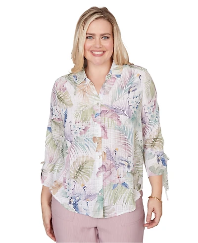 Alfred Dunner Petite Vintage-Inspired Charm Tropical Button-Front Tie-Sleeve Top