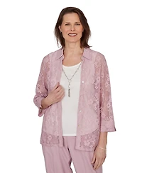 Alfred Dunner Petite Charm Floral Lace Two-In-One Collared Top with Necklace