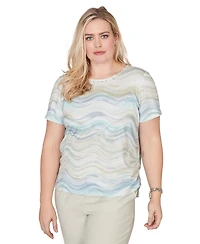 Alfred Dunner Petite Wavy Biadere Side-Tie Crew Neck Ruched Top