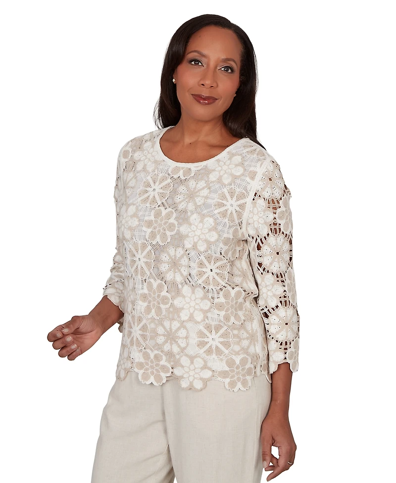 Alfred Dunner Petite Floral Crochet 3/4-Length-Sleeve Top