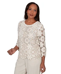Alfred Dunner Petite Floral Crochet 3/4-Length-Sleeve Top