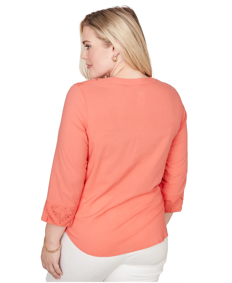 Alfred Dunner Petite Resort Living Textured Lace Scroll Split Neck Henley Top