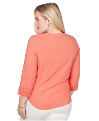 Alfred Dunner Petite Resort Living Textured Lace Scroll Split Neck Henley Top